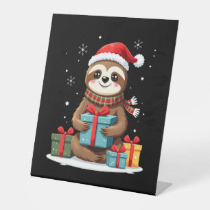 Merry Slothmas cute Christmas sloth Santa hat Xmas Pedestal Sign