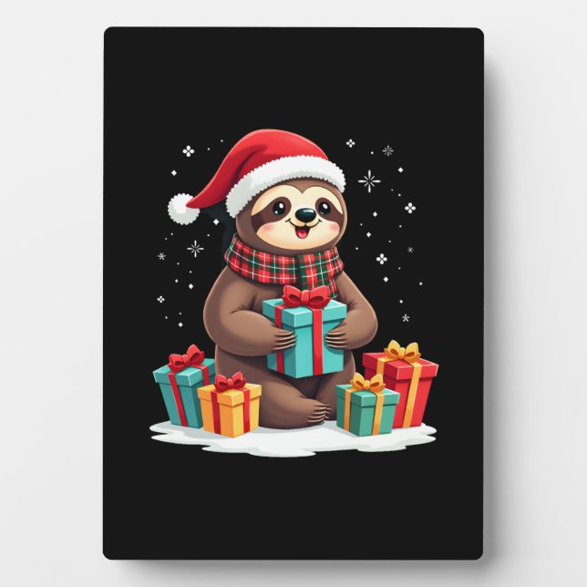 Merry Slothmas cute Christmas sloth Santa hat Xmas Plaque (Front)