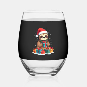 Merry Slothmas cute Christmas sloth Santa hat Xmas Stemless Wine Glass