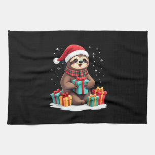 Merry Slothmas cute Christmas sloth Santa hat Xmas Tea Towel