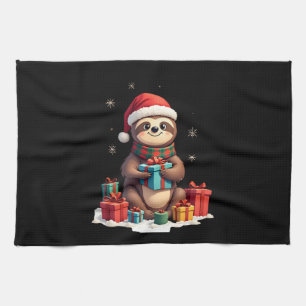 Merry Slothmas cute Christmas sloth Santa hat Xmas Tea Towel