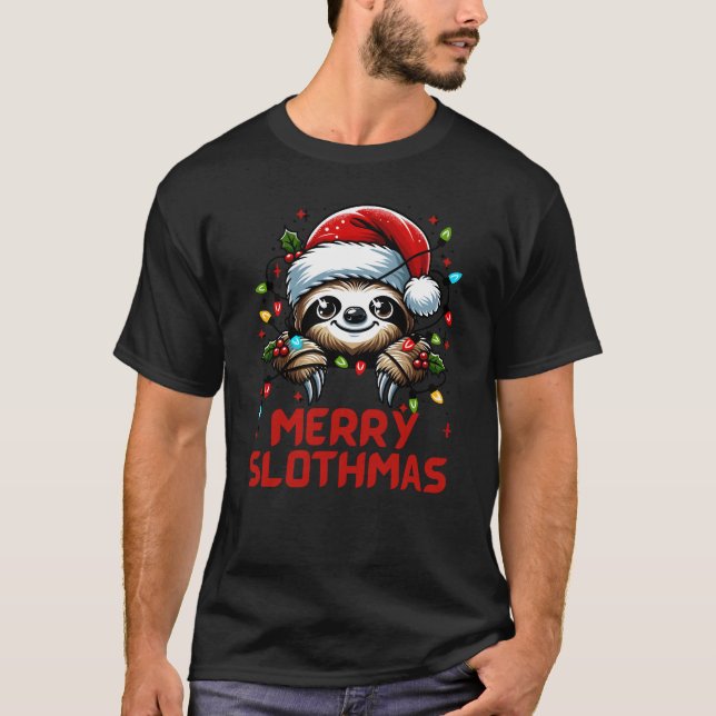 Merry Slothmas - Cute Lazy Christmas Sloth T-Shirt (Front)