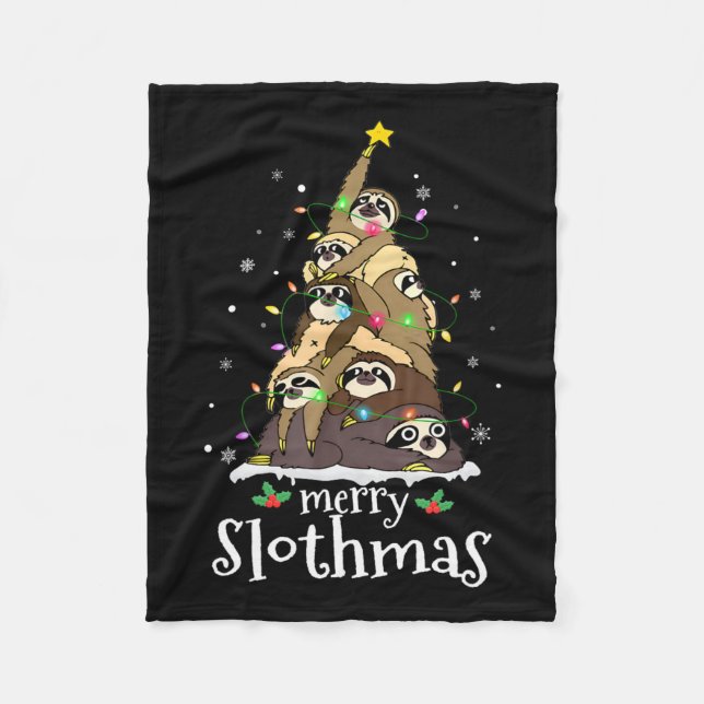Merry Slothmas Cute Xmas Sloth Santa Hat Christmas Fleece Blanket (Front)