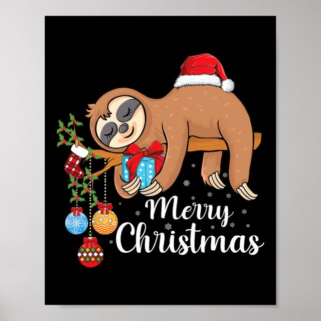 Merry Slothmas Cute Xmas Sloth Santa Hat Christmas Poster (Front)