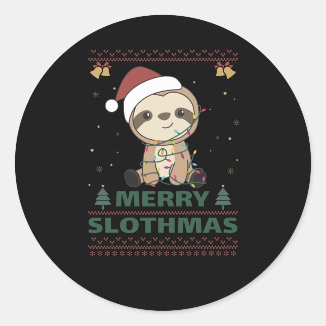 Merry Slothmas Funny Sloth Christmas Pun Classic Round Sticker (Front)