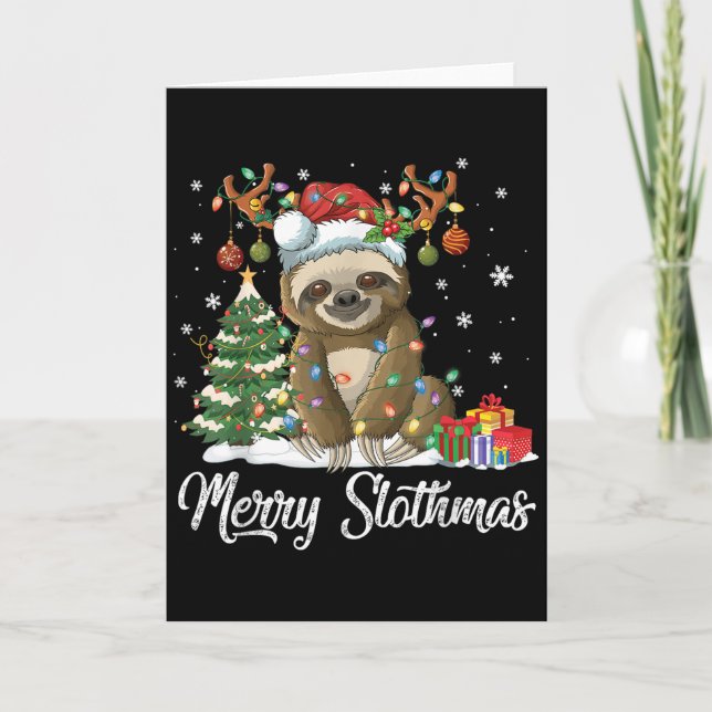 Merry Slothmas Funny Sloth Christmas Tree Lights X Card (Front)