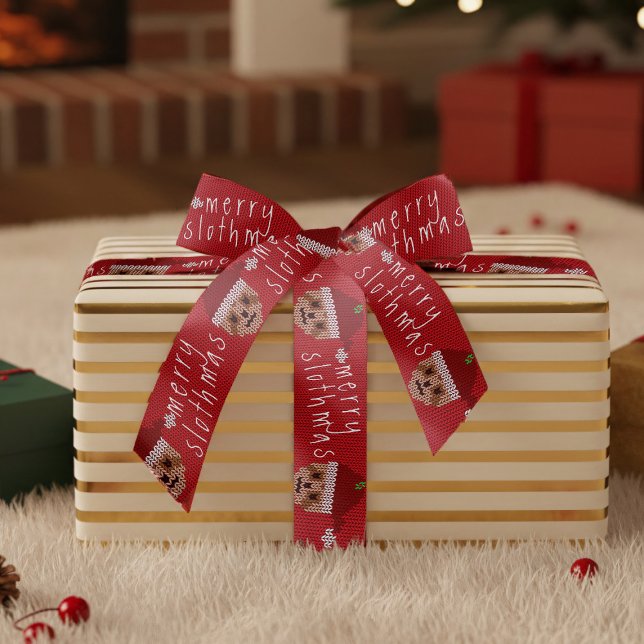 Merry Slothmas Santa Sloth Red Christmas Ribbon Satin Ribbon (Merry Slothmas Ribbon just for you)
