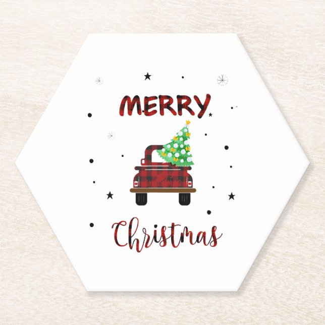 Merry Snow Christmas Buffalo Farm Truck Tree T Shi Paper Coaster (Front)