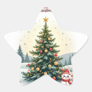 Merry Snow Watercolor Christmas Tree Gifts Star Sticker