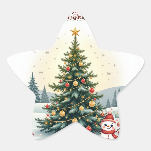 Merry Snow Watercolor Christmas Tree Gifts Star Sticker (Front)