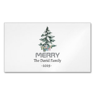 Merry Snow Watercolor Pine xmas botanical Tree Magnetic Business Card