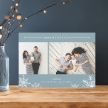 Merry Snowflake Hanukkah Photo Card | Ice<br><div class="desc">Elegant and modern Hanukkah photo card features two favourite photos aligned side by side, with "Joyous Hanukkah" at the top in white italic and block typography. Personalise with your custom greeting and name at the bottom, accented by four white snowflake illustrations. A wintry ice blue background adds classic elegance to...</div>