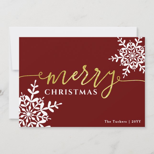 Merry Snowflakes Elegant Dark Red Christmas Holiday Card (Front)