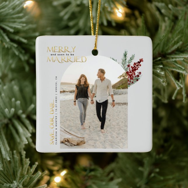 Merry Soon To Be Married Christmas Save The Date Ceramic Ornament (Tree)