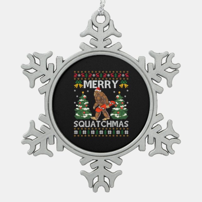 Merry Squatchmas Bigfoot Ugly Santa Bigfoot Snowflake Pewter Christmas Ornament (Front)