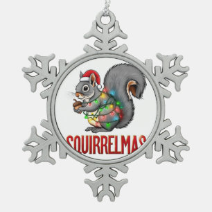 Merry Squirrelmas Funny Christmas Squirrel Holiday Snowflake Pewter Christmas Ornament