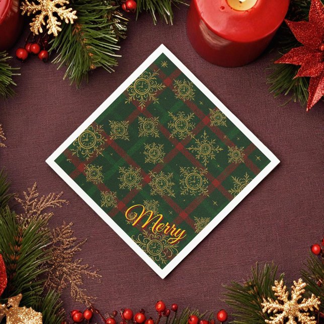 Merry Steampunk Snowflake Red and Green Tartan Napkin (Creator Uploaded)