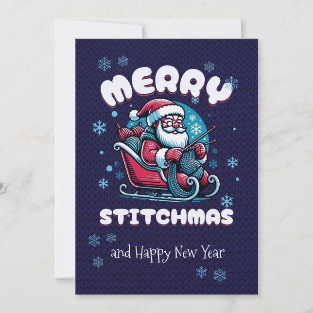 Merry Stitchmas Santa Knitting Lovers Holiday Card (Front)