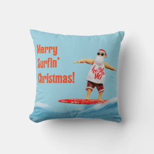 Merry Surfin' Christmas Santa on Surfboard Cushion