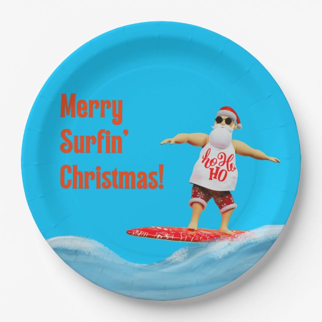 Merry Surfin' Christmas Santa on Surfboard Throw P Paper Plate (Front)