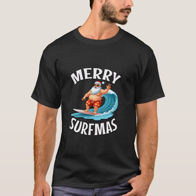 Merry Surfmas Santa Claus Surfing White Lettering  T-Shirt (Front)
