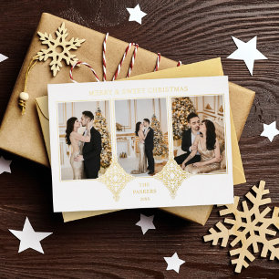 Merry & Sweet Christmas Elegant 3 Photos Collage Foil Holiday Card