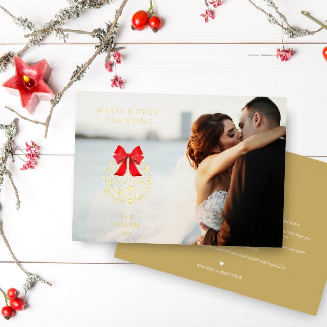 Merry & Sweet Christmas Elegant Photo Floral Ball Foil Holiday Card (Creator Uploaded)