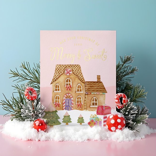 Merry & Sweet Watercolor Gingerbread Candy Village Foil Holiday Card (Merry & Sweet Watercolor Gingerbread Candy Village Foil Holiday Card)