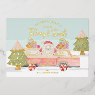 Merry & Sweet Watercolor Vintage Pink Van Santa Foil Holiday Card