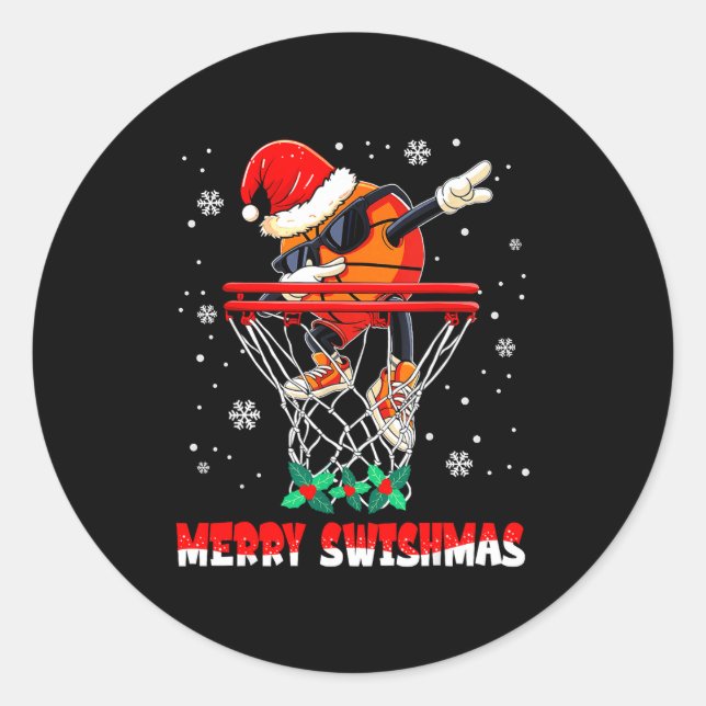 Merry Swishmas Basketball Funny Dabbing Basketball Classic Round Sticker (Front)