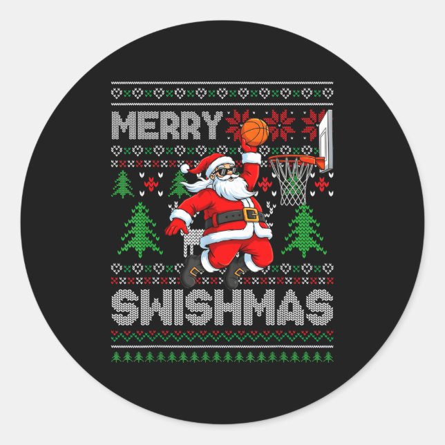 Merry Swishmas Basketball Ugly Christmas Santa Men Classic Round Sticker (Front)