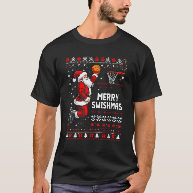 Merry Swishmas Basketball Ugly Sweater Santa Tee X (Front)