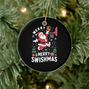 Merry Swishmas Christmas Santa Playing Basketball  Ceramic Ornament