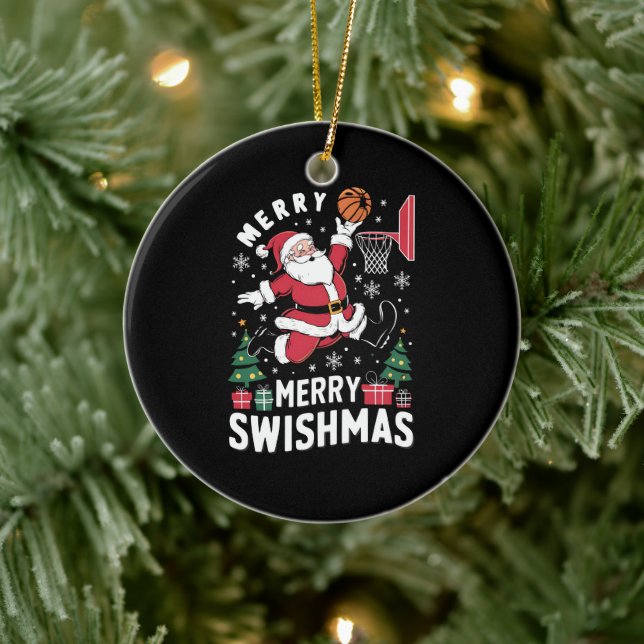 Merry Swishmas Christmas Santa Playing Basketball  Ceramic Ornament (Tree)