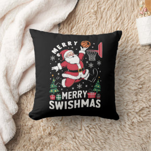 Merry Swishmas Christmas Santa Playing Basketball Cushion