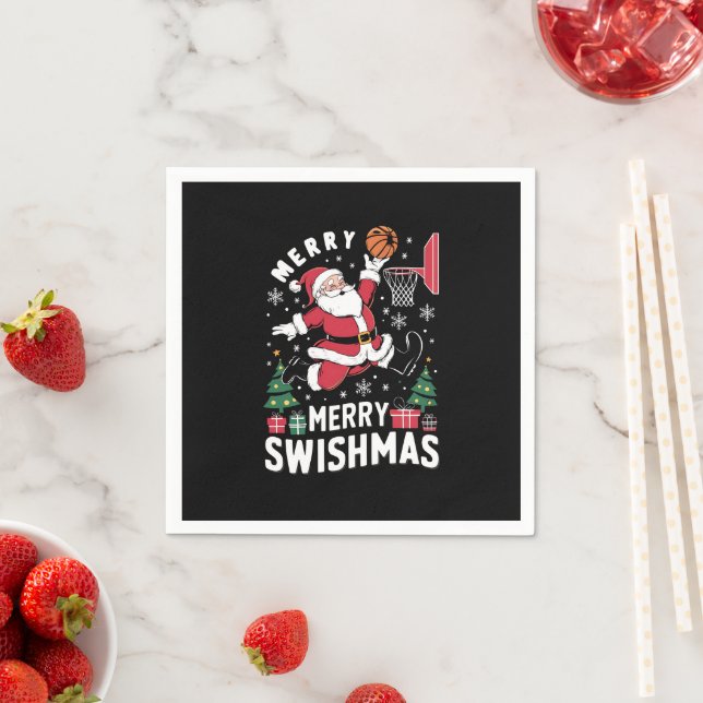 Merry Swishmas Christmas Santa Playing Basketball  Napkin (Insitu)