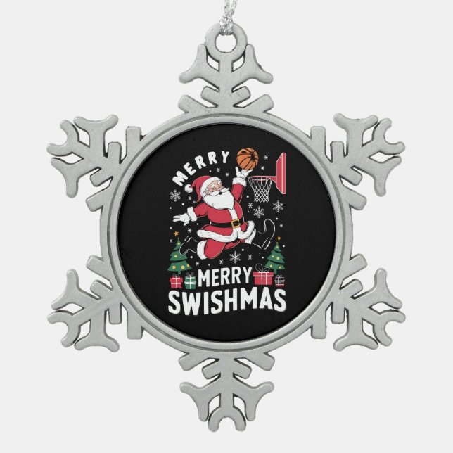 Merry Swishmas Christmas Santa Playing Basketball  Snowflake Pewter Christmas Ornament (Front)