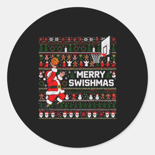 Merry Swishmas Santa Basketball Ugly Sweater Style Classic Round Sticker (Front)