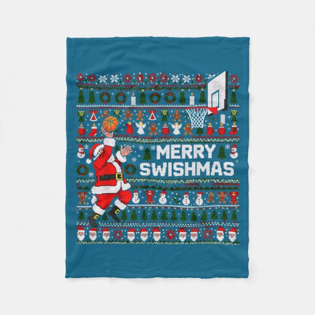 Merry Swishmas Santa Basketball Ugly Sweater Style Fleece Blanket (Front)