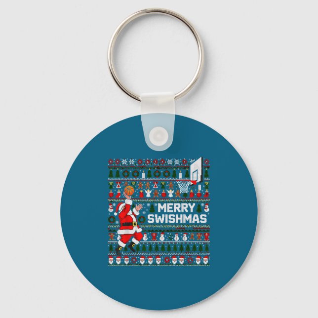 Merry Swishmas Santa Basketball Ugly Sweater Style Key Ring (Front)