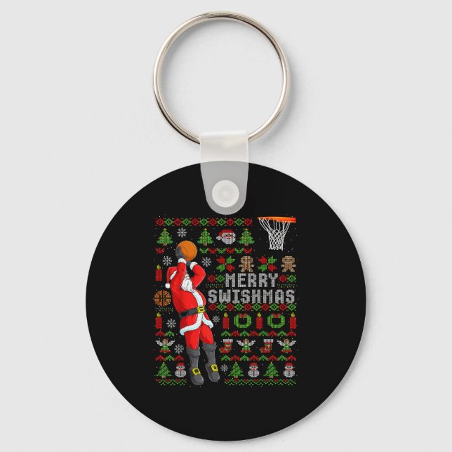 Merry Swishmas Ugly Christmas Basketball Christmas Key Ring (Front)