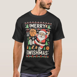 Merry Swishmas Ugly Christmas Basketball Santa T-Shirt