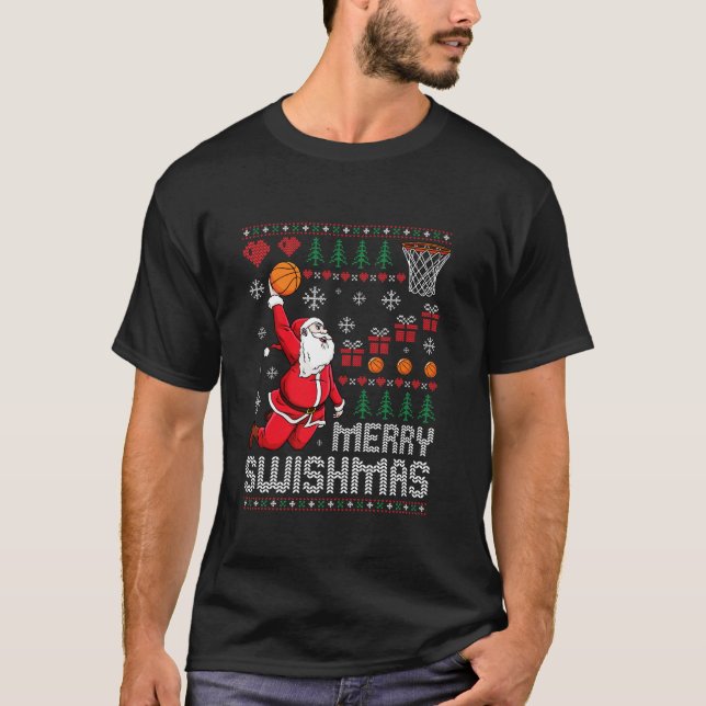Merry Swishmas Ugly Christmas Santa Playing Basket T-Shirt (Front)