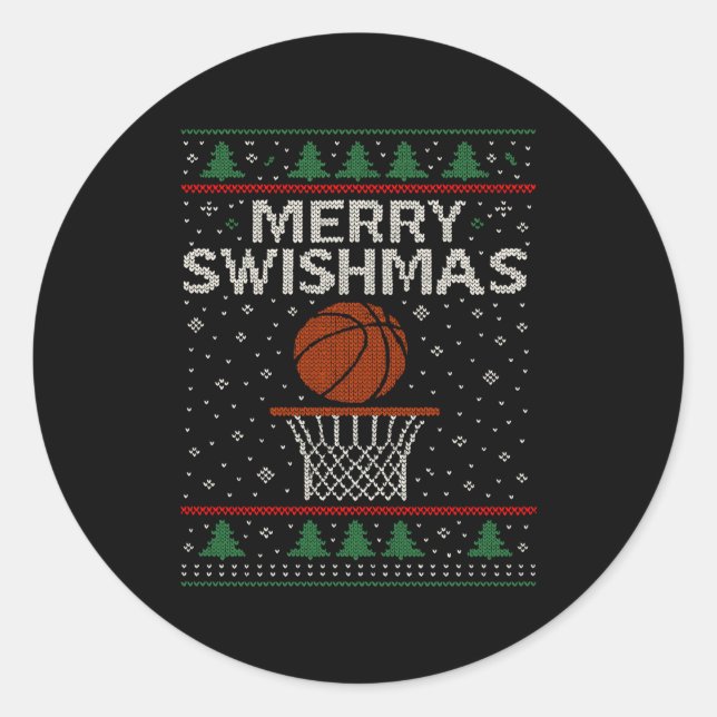 Merry Swishmas Ugly Christmas Sweater Basketball J Classic Round Sticker (Front)