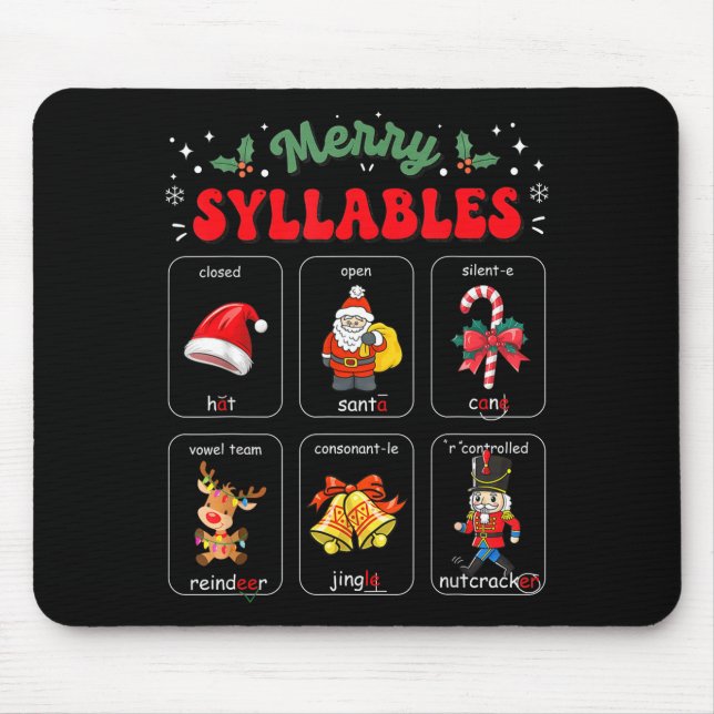 Merry Syllables Xmas Phonics Reading Teacher Holid Mouse Pad (Front)