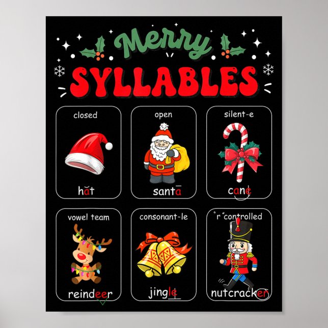 Merry Syllables Xmas Phonics Reading Teacher Holid Poster (Front)