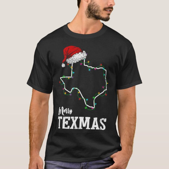 Merry Texmas Texas State Christmas Light Outline S T-Shirt (Front)