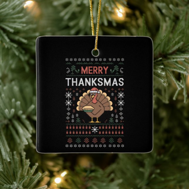 Merry Thanksmas Christmas Thanksgiving Turkey  Ceramic Ornament (Tree)