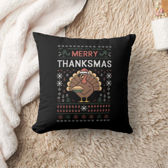 Merry Thanksmas Christmas Thanksgiving Turkey  Cushion (Blanket)
