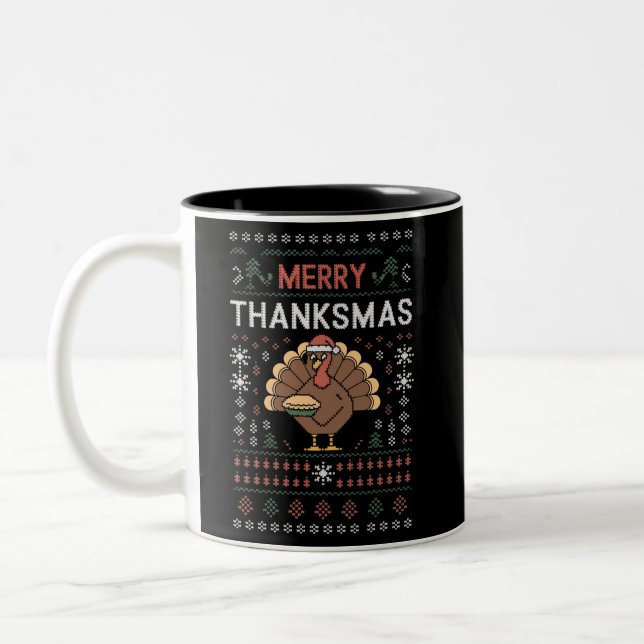 Merry Thanksmas Christmas Thanksgiving Turkey  Two-Tone Coffee Mug (Left)